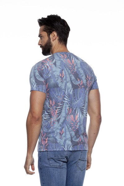 Adji Camiseta Masculina Azul Marinho Floral Manga Curta